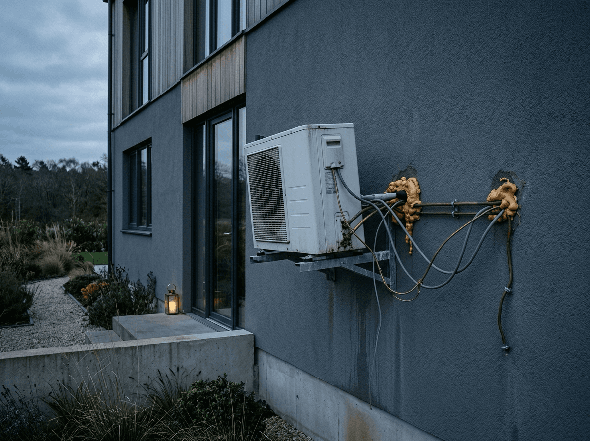 Intérieur d'une maison en cours de rénovation, murs inachevés à la lumière du soir