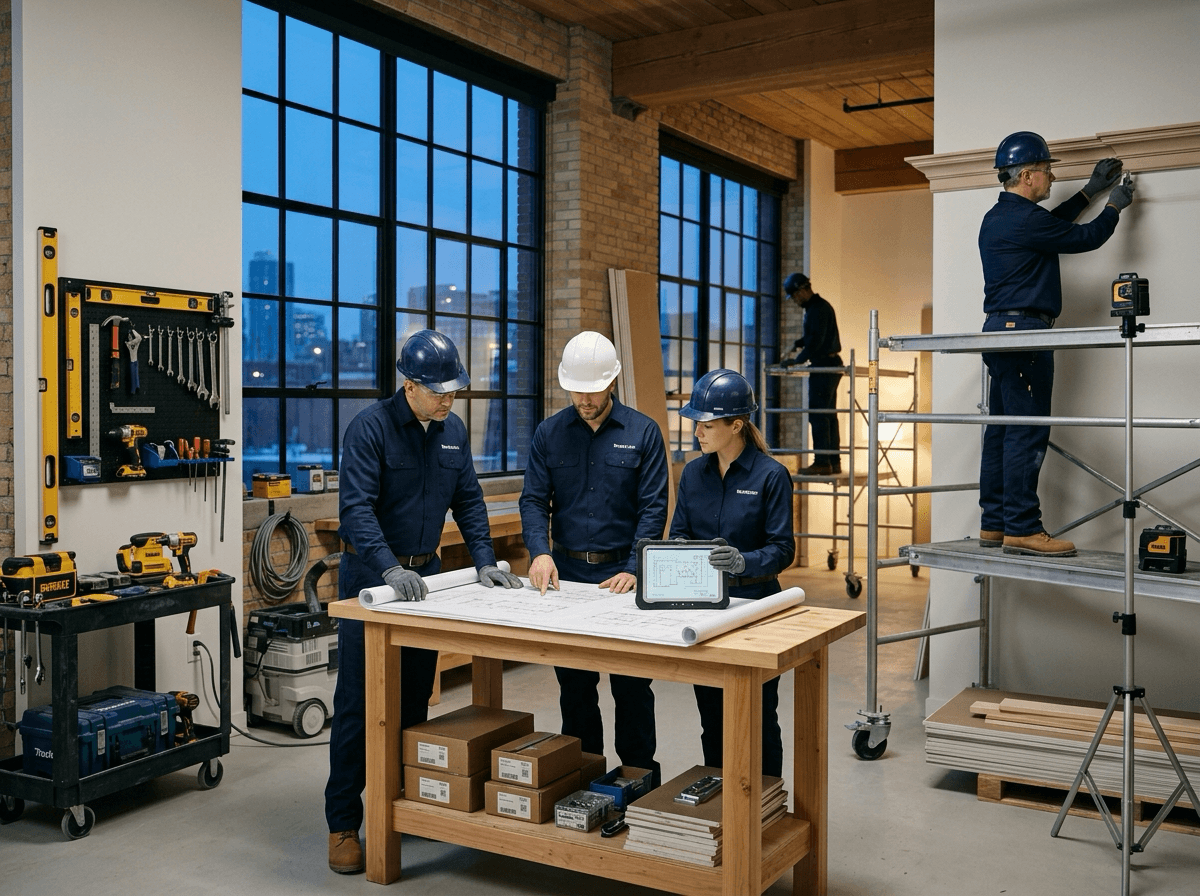 Équipe de techniciens en rénovation coordonnant un chantier à l'heure bleue