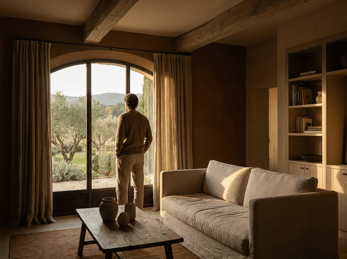 Intérieur d'une maison rénovée baigné de lumière dorée, propriétaire près de la fenêtre