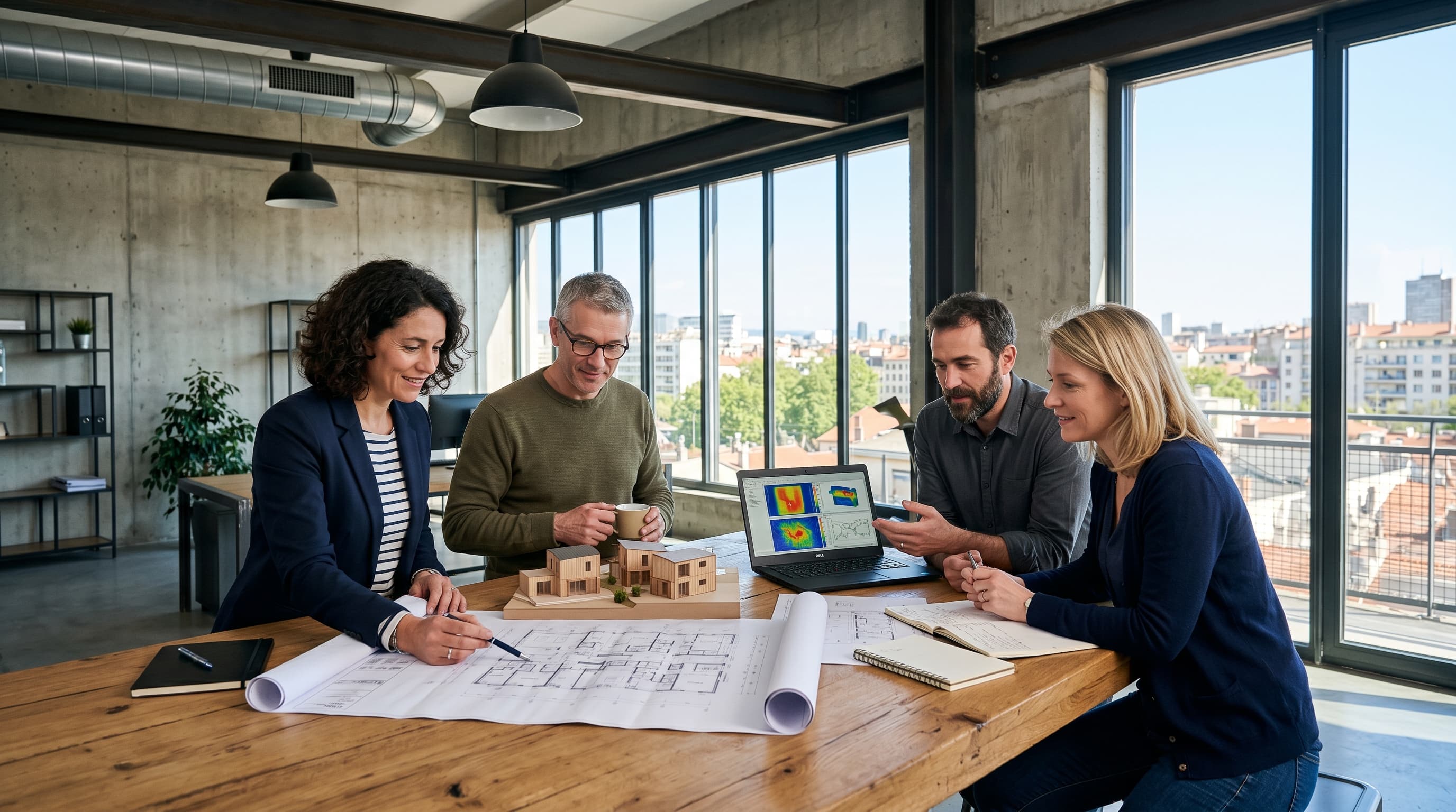 Équipe Ciel Eco autour d'une table de travail dans un bureau d'étude
