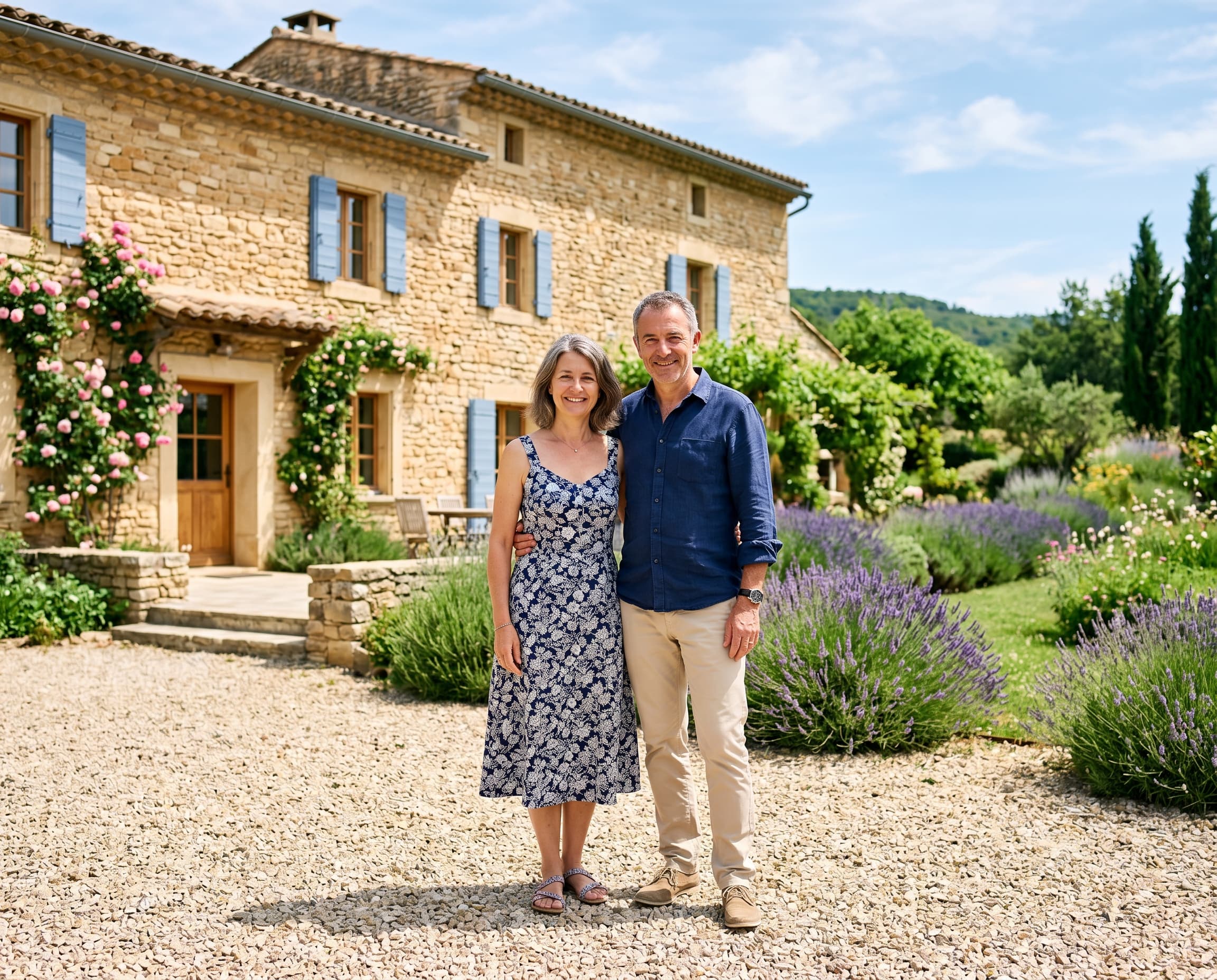 Couple devant leur maison rénovée